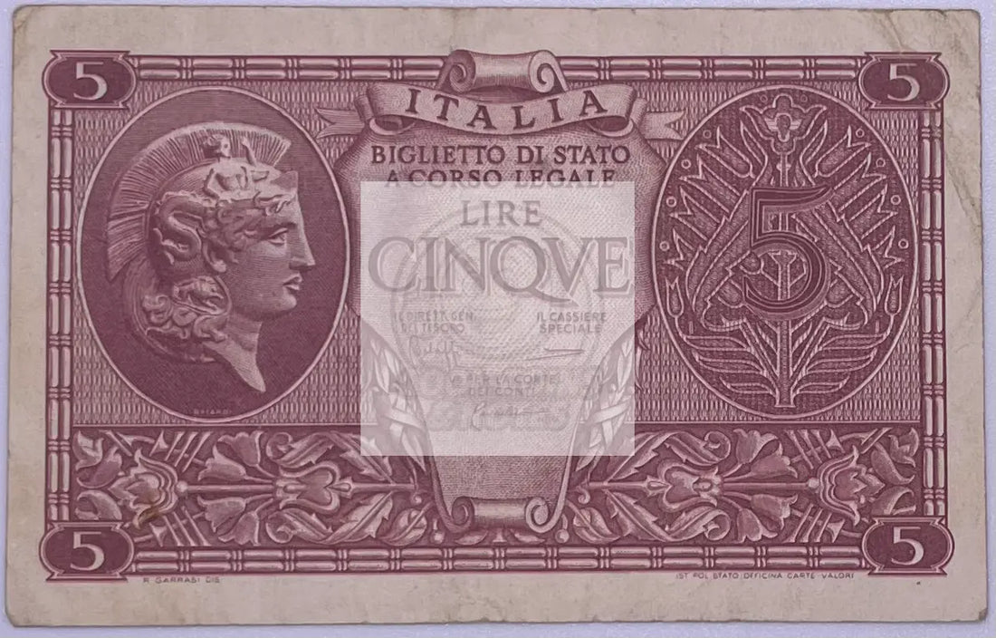 Italy 5 Lire 1944 P-31 Used World Banknote - Cool Coins & Notes