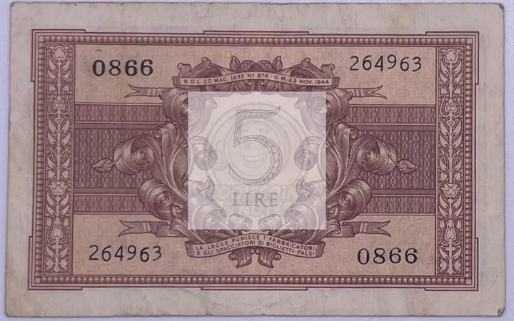 Italy 5 Lire 1944 P-31 Used World Banknote - Cool Coins & Notes
