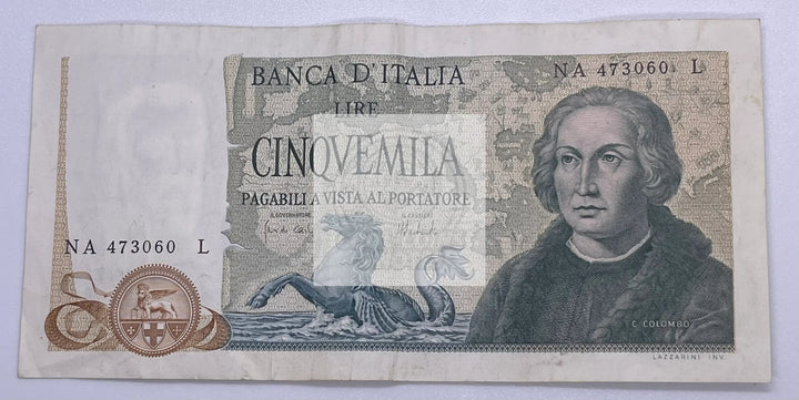 Italy 5,000 Lire 1971 Used P102-A "Colombo", Used World Banknote Currency - Cool Coins & Notes