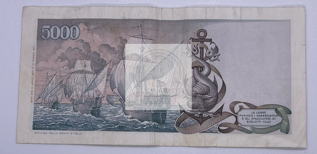 Italy 5,000 Lire 1971 Used P102-A "Colombo", Used World Banknote Currency - Cool Coins & Notes