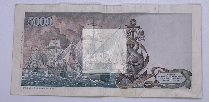 Italy 5,000 Lire 1971 Used P102-A "Colombo", Used World Banknote Currency - Cool Coins & Notes