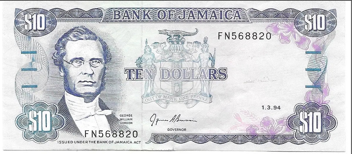 Jamaica 10 Dollars 1994 banknote with historical design and security features