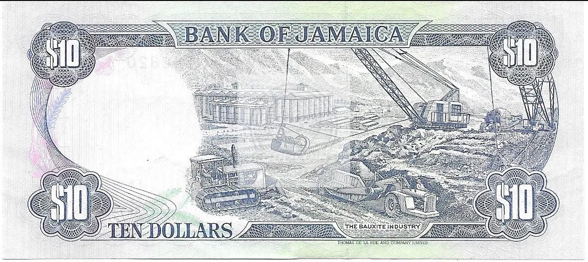 1994 Jamaica 10 Dollars banknote with historical design and security features