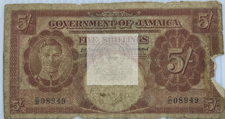 Jamaica 1940-1950 5 Shilling P-37, Used World Banknote Currency - Cool Coins & Notes