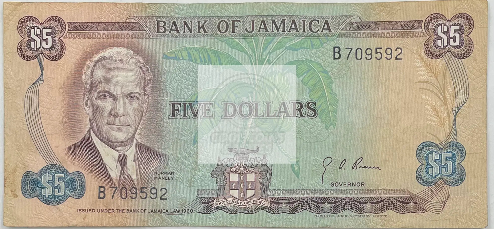 Jamaica $5 Dollar Note 1960 (1970) P56 - Cool Coins & Notes