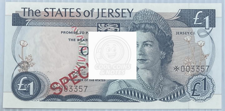 Jersey 1976-1988 1 Pound P-11s Specimen UNQ QEII World Banknote Currency