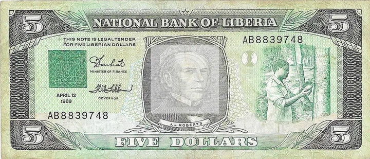 LIBERIA 5 DOLLARS 1989 P19, Used World Banknote Currency - Cool Coins & Notes