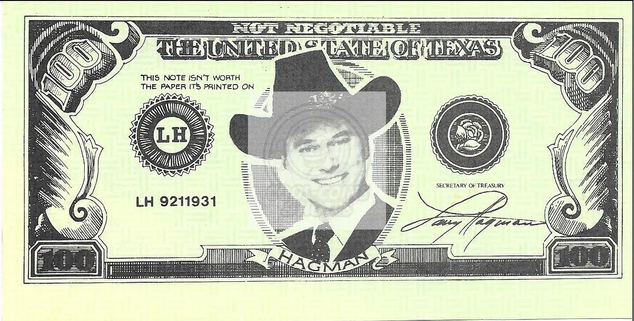 Larry Hagman $100 novelty banknote featuring JR Ewing from Dallas South Fork