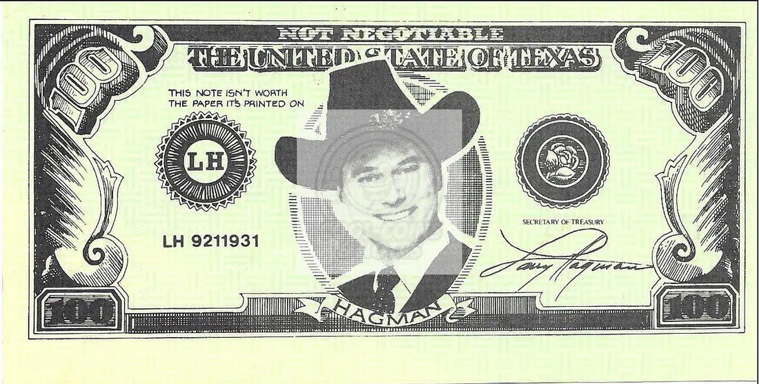 Larry Hagman $100 novelty banknote featuring JR Ewing from Dallas South Fork