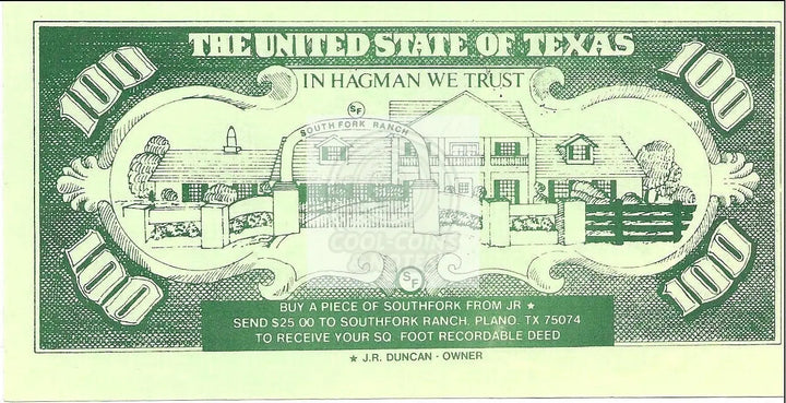 Larry Hagman $100 novelty Dallas South Fork banknote with JR Ewing image