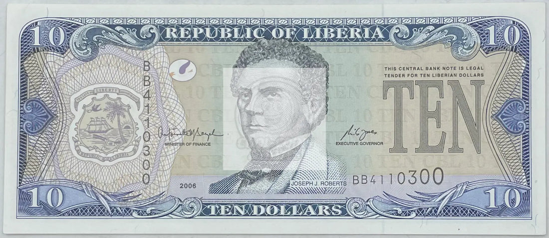 Liberia 10 Dollars, 2006 P-27c Joseph Jenkins Roberts Rubber Plantation Unc - Cool Coins & Notes