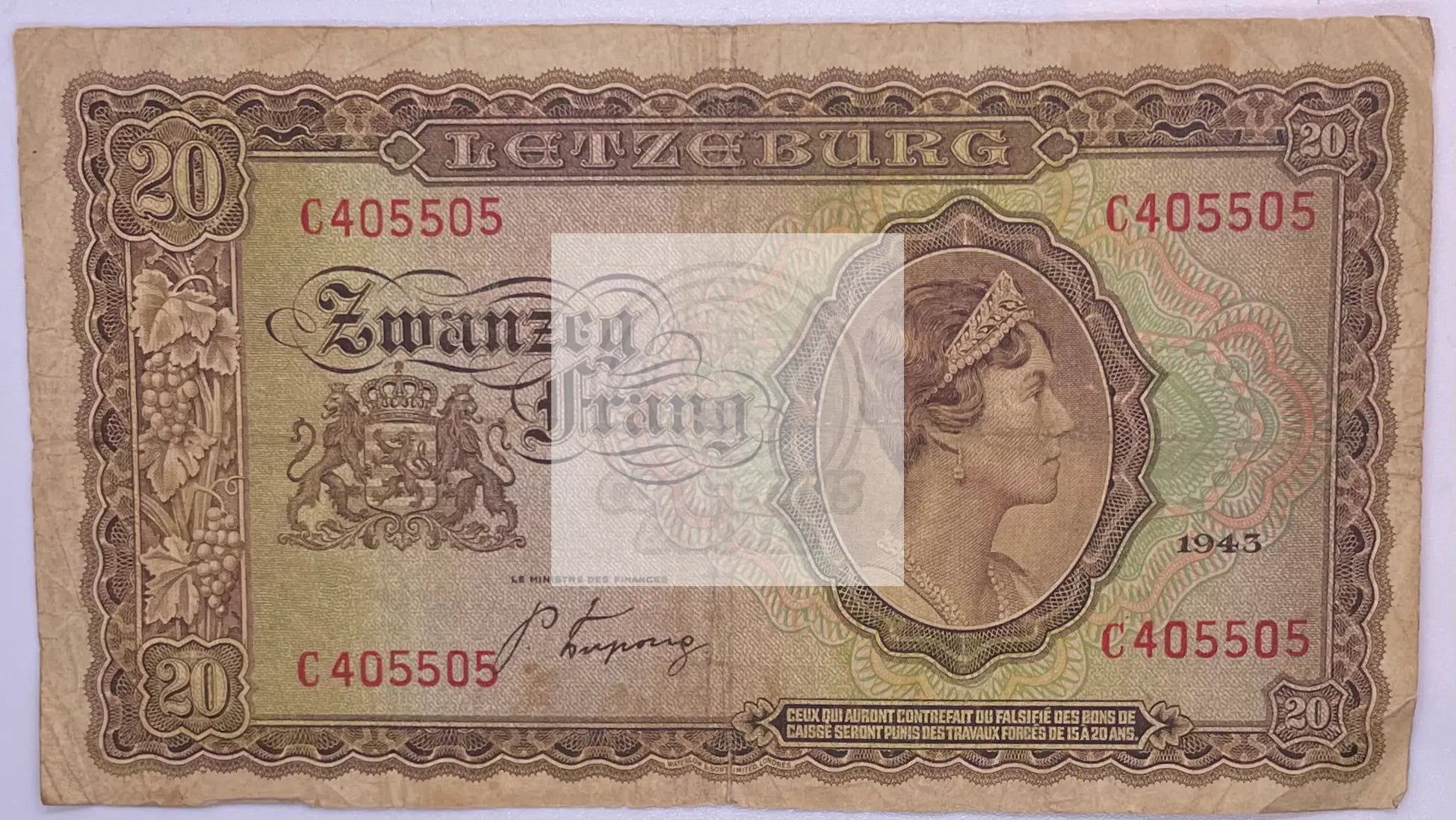 Luxembourg 1943 20 Francs P-42a.1 - Cool Coins & Notes
