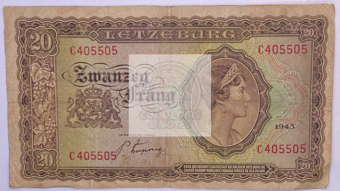 Luxembourg 1943 20 Francs P-42a.1 - Cool Coins & Notes