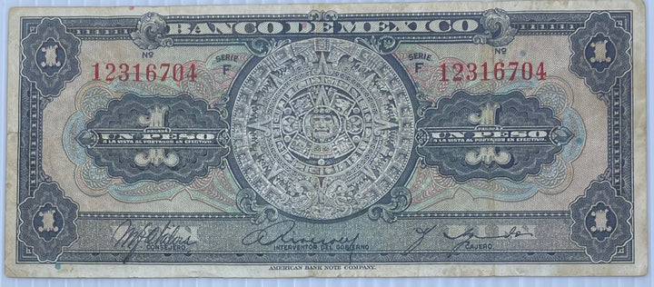 MEXICO 1936 P-28b 1 Peso Serie F, Used Banknote - Cool Coins & Notes