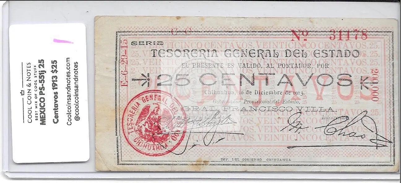 MEXICO PS-551j 25 Centavos 1913 Serie CC Red Circular Seal on Front Pancho Villa - Cool Coins & Notes