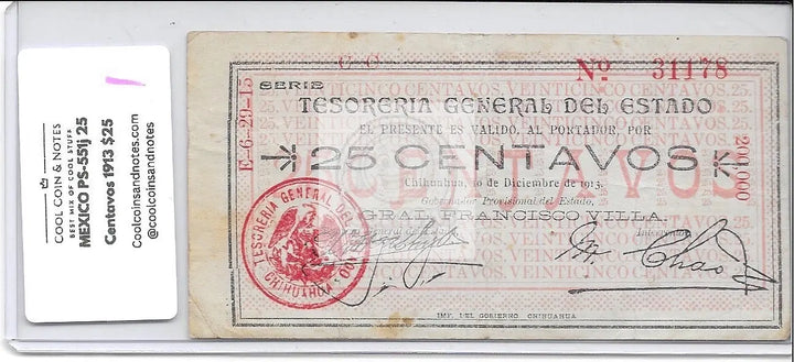 MEXICO PS-551j 25 Centavos 1913 Serie CC Red Circular Seal on Front Pancho Villa - Cool Coins & Notes