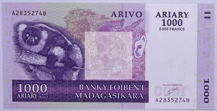 Madagascar P89b 1000 Ariary LEMUR P-89 UNC - Cool Coins & Notes