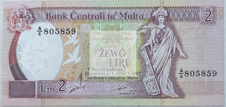 Malta 1989 2 Liri P45c AUNC, World Banknote Currency - Cool Coins & Notes