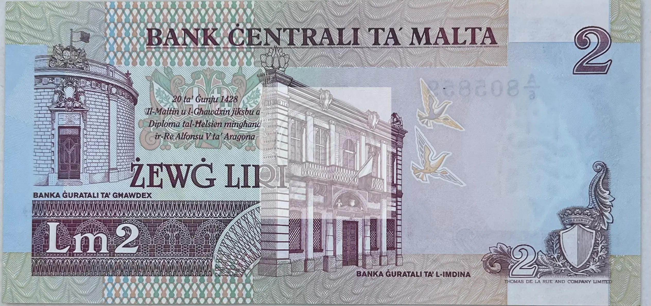 Malta 1989 2 Liri P45c AUNC, World Banknote Currency - Cool Coins & Notes