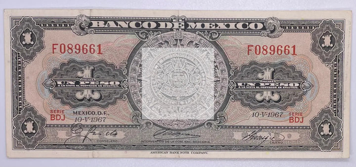 Mexico 1 Peso 1967  P-59j Banknote, Used - Cool Coins & Notes