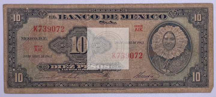 Mexico 10 Pesos 1963  P-58j, Used Banknote - Cool Coins & Notes