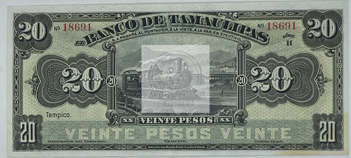 Mexico 1902 20 Pesos S-431r UNC, Train 10K Made World Banknote - Cool Coins & Notes