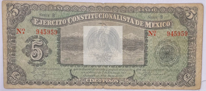 Mexico 1914 5 Pesos Ejercito Constitucionalista, S-524 Banknote - Cool Coins & Notes