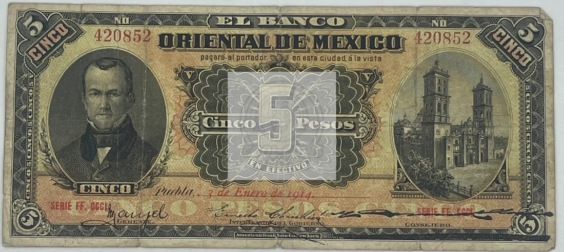 Mexico 1914 5 Pesos S-381c.2, Used World Banknote From Lot - Cool Coins & Notes