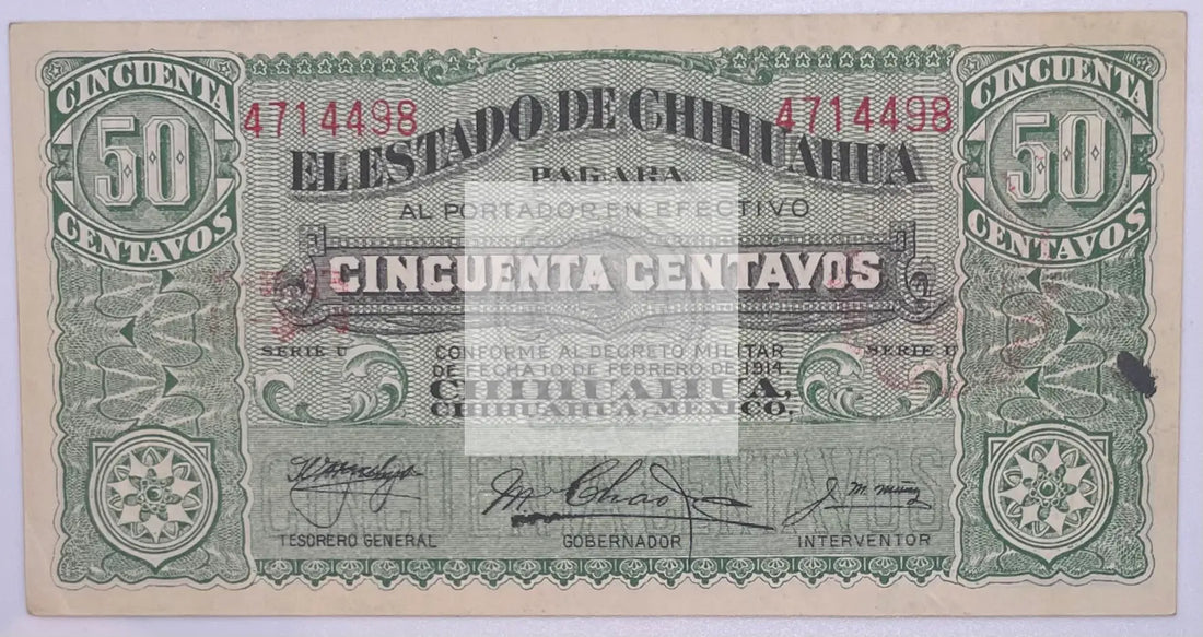 Mexico 1914 50 Centavos Estado de Chihuahua s528 AU - Cool Coins & Notes