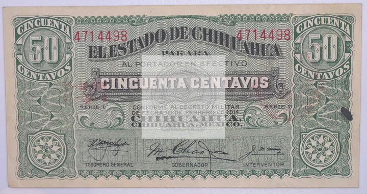 Mexico 1914 50 Centavos Estado de Chihuahua s528 AU - Cool Coins & Notes