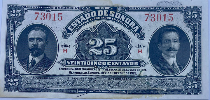 Mexico 1915 25 Cents S1069 El Estado de Sonora Used World banknote Cool Coins & Notes 