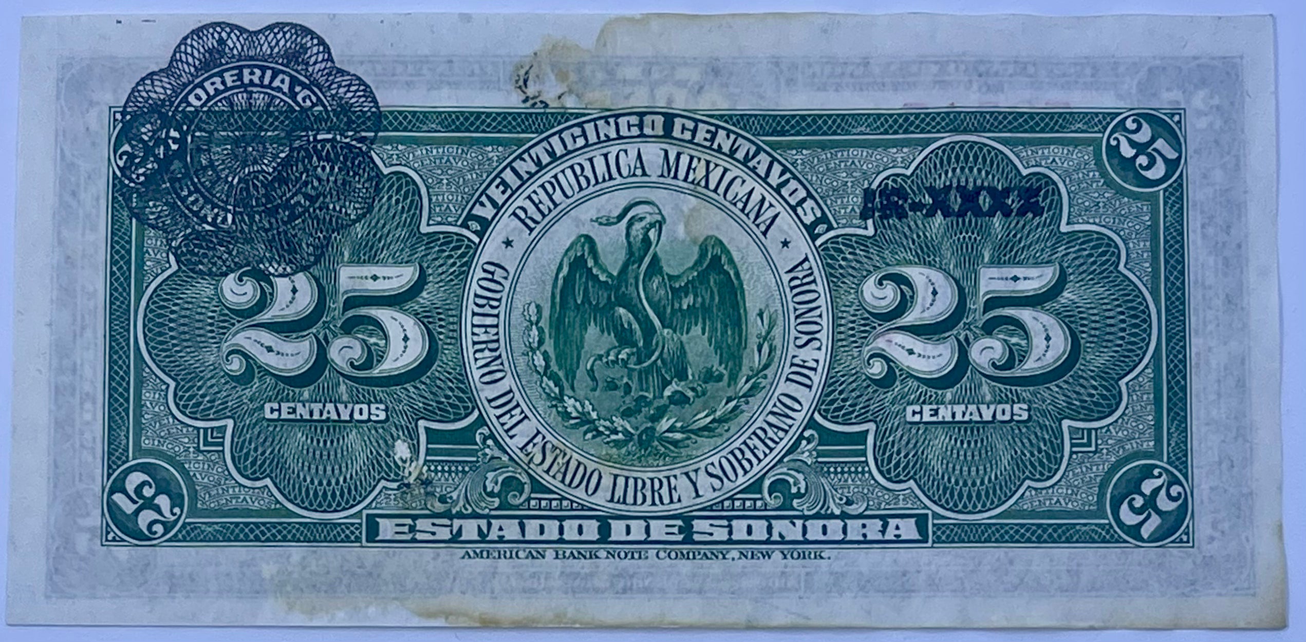 Mexico 1915 25 Cents S1069 El Estado de Sonora Used World banknote Cool Coins & Notes 