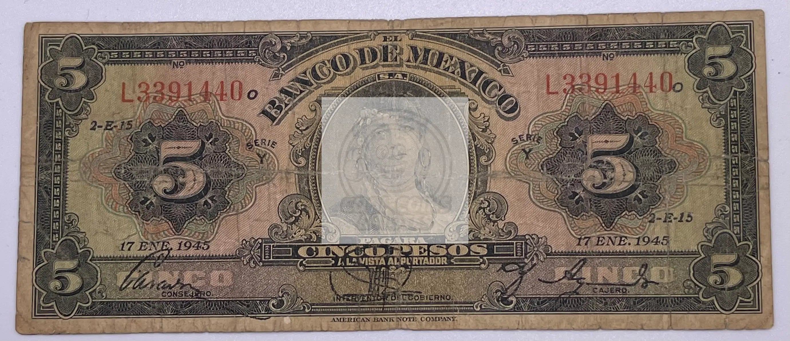 Mexico 5 Pesos 1945 banknote P34g featuring historical Mexican design and currency value
