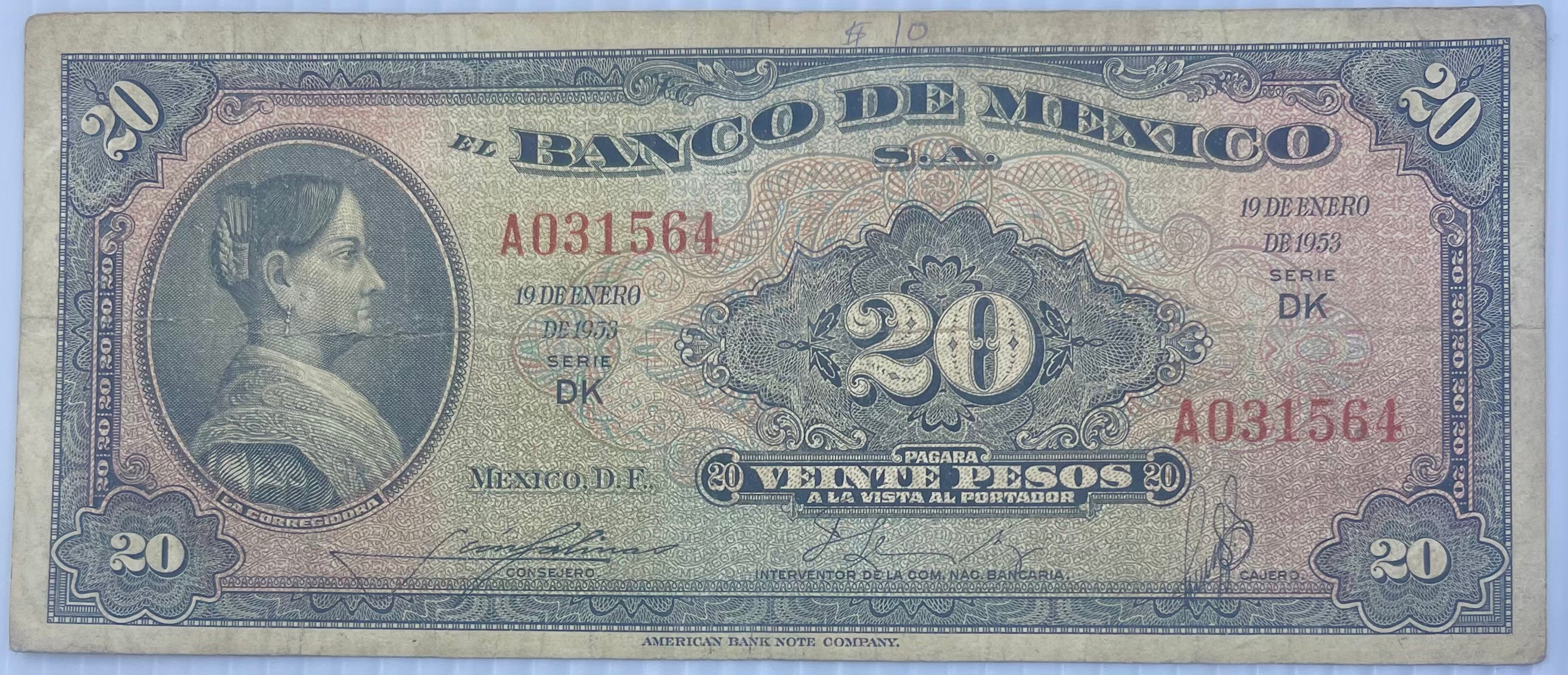 Mexico 1953 20 Pesos 1953 P-54b Used World Banknote - Cool Coins & Notes