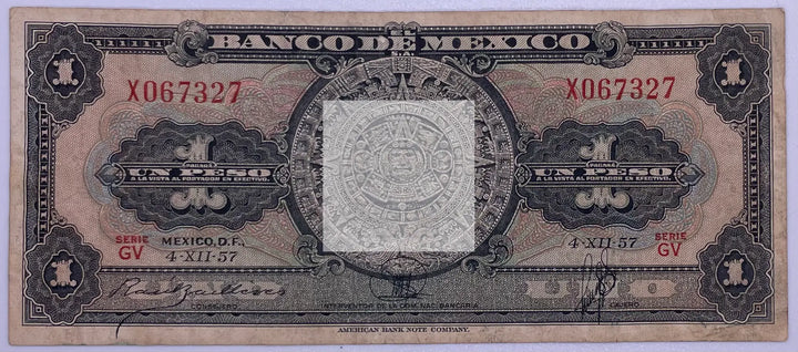 Mexico 1957 1 Peso P-59, Used Banknote - Cool Coins & Notes