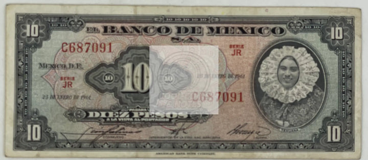 Mexico 1961 10 Pesos P58-h Used World Banknote - Cool Coins & Notes
