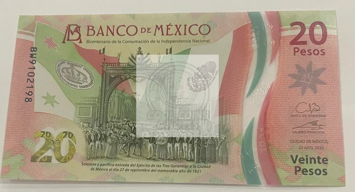 Mexico 20 Pesos Banknote, 2022, P-132f.2, UNC, Commemorative, Polymer - Cool Coins & Notes