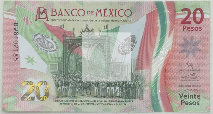 Mexico 20 Pesos Banknote, 2022, P-132f.3, UNC, Commemorative, Polymer - Cool Coins & Notes