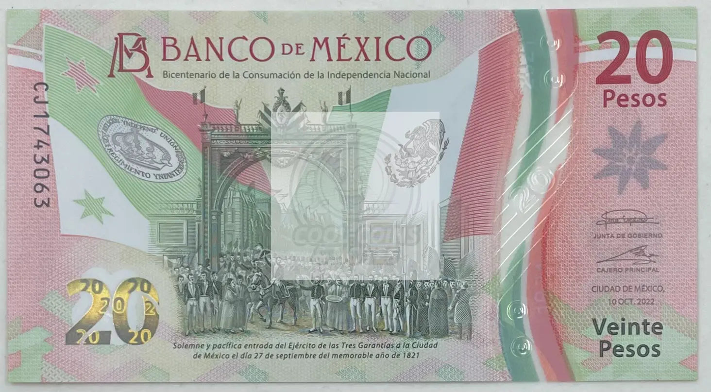Mexico 20 Pesos Banknote, 2022, P-132g.2, UNC, Commemorative, Polymer - Cool Coins & Notes