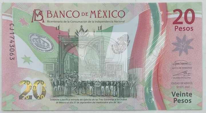 Mexico 20 Pesos Banknote, 2022, P-132g.2, UNC, Commemorative, Polymer - Cool Coins & Notes