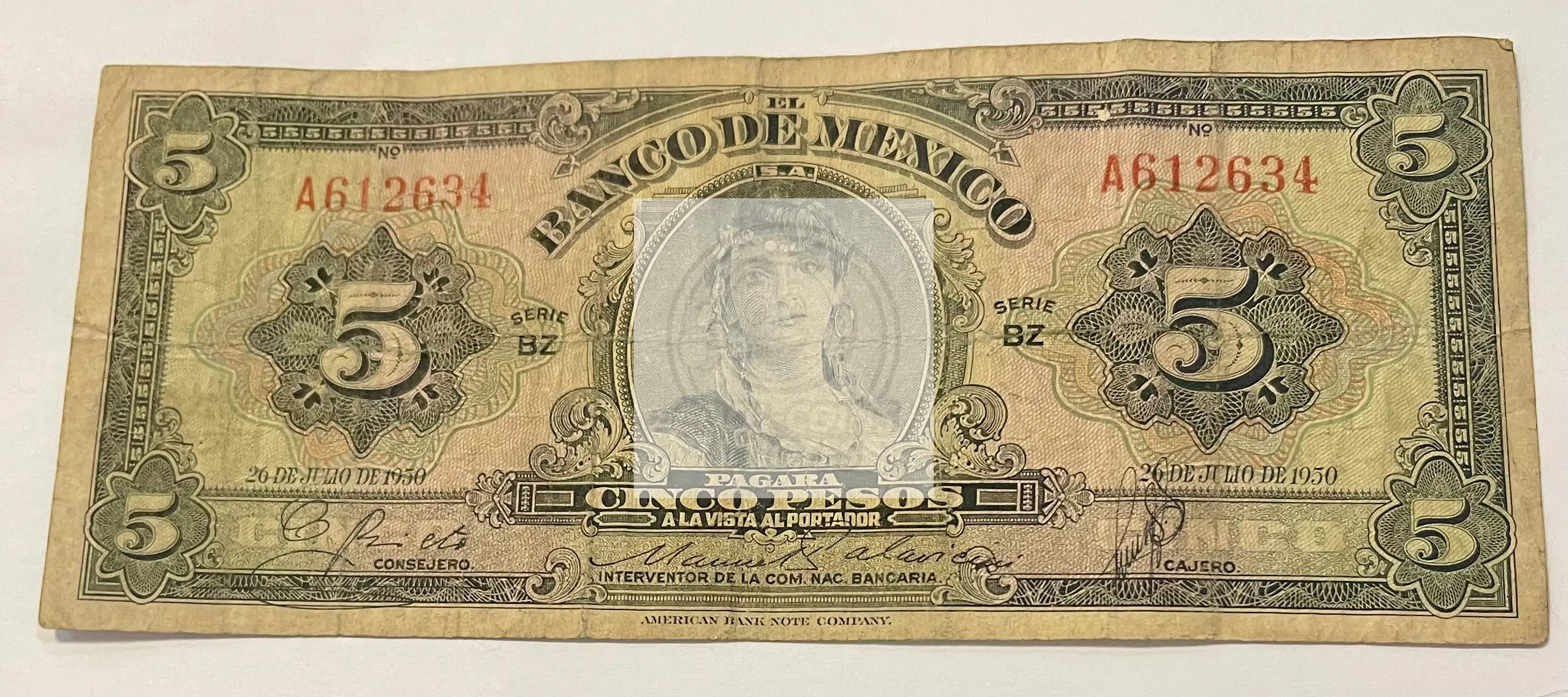 1950 Mexico 5 Pesos P-60 banknote with intricate national symbols and portraits