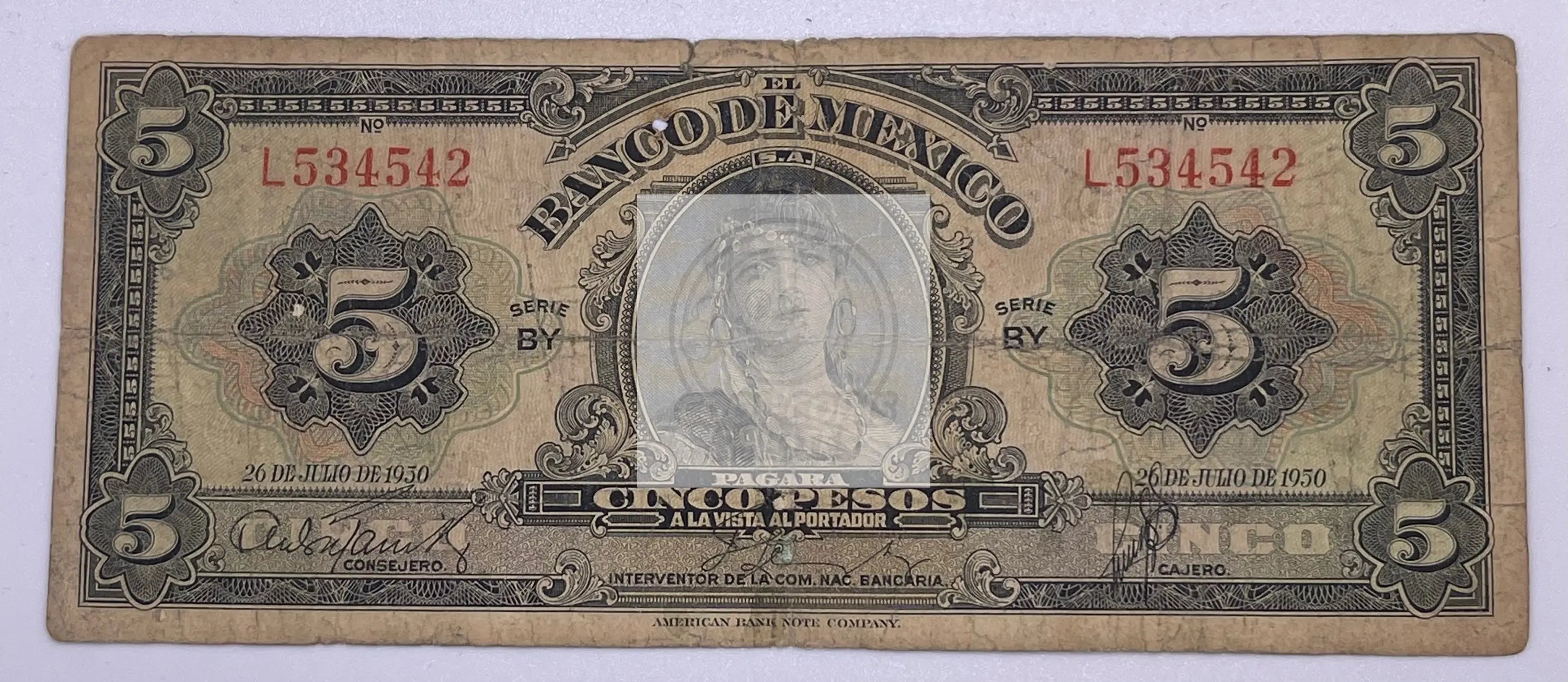 Mexico 5 Pesos  1950 P34l, Used World Banknote - Cool Coins & Notes