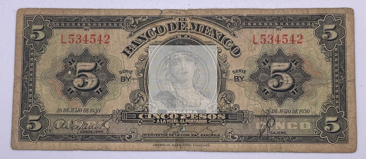 Mexico 5 Pesos  1950 P34l, Used World Banknote - Cool Coins & Notes