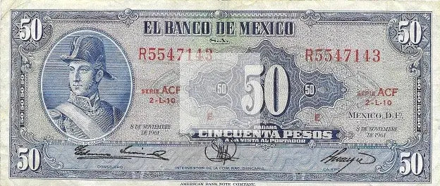 Mexico 50 Pesos Banknote, 1963, P-49n.6, Circulated, Series ACF - Cool Coins & Notes