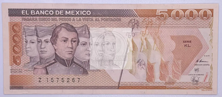 Mexico 5000 Pesos, 1987, P-88b, UNC, Series KL - Cool Coins & Notes