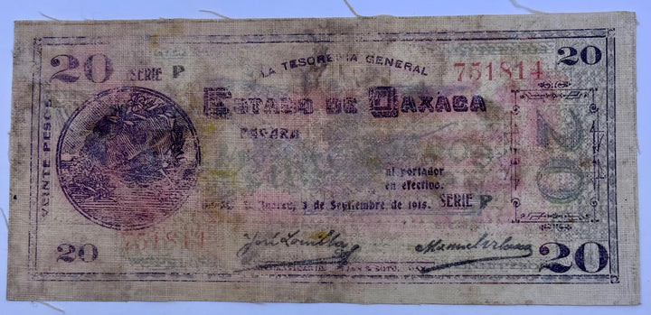 Mexico Oaxaca 20 Pesos 1915 Serie P S959 Oil Cloth La Tesoreria General Used World Banknote Cool Coins & Notes 