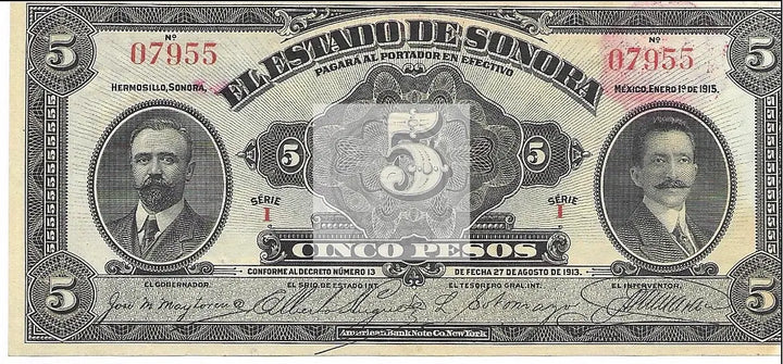 Mexico Sonora 5 Pesos 1913 S1072 UNC Banknote - Cool Coins & Notes