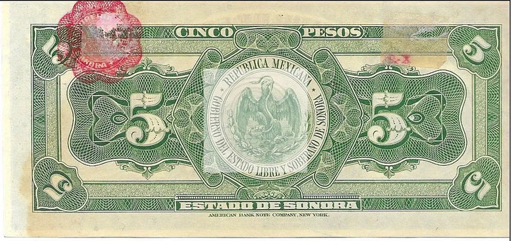 Mexico Sonora 5 Pesos 1913 S1072 UNC Banknote - Cool Coins & Notes