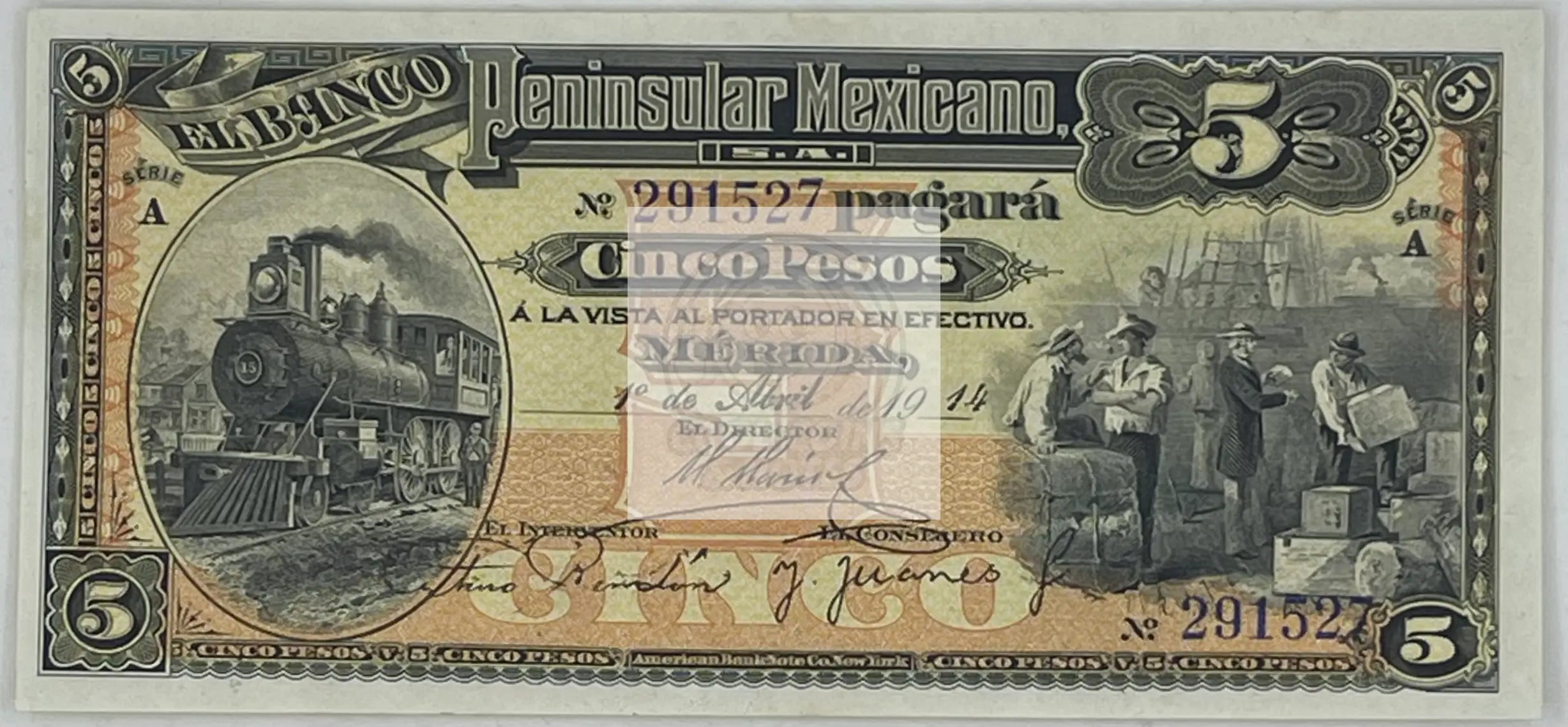 Mexico, Banco Peninsular Mexicano 1914 5 Pesos P#S465a UNC - Cool Coins & Notes