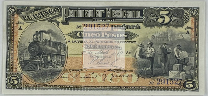 Mexico, Banco Peninsular Mexicano 1914 5 Pesos P#S465a UNC - Cool Coins & Notes